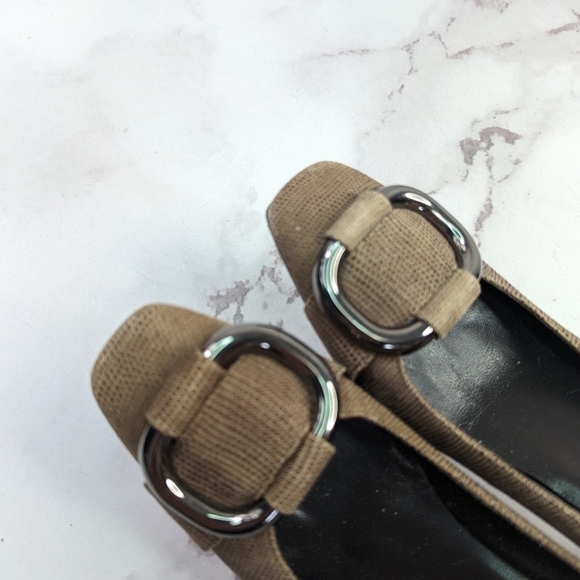 Stuart Weitzman 6.5 M Block Heel Pumps Women Tan Square Toe Buckle Snakeskin - Picture 5 of 11